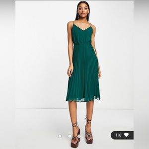 ASOS DESIGN pleated cami midi dress with drawstring waist in forest green.